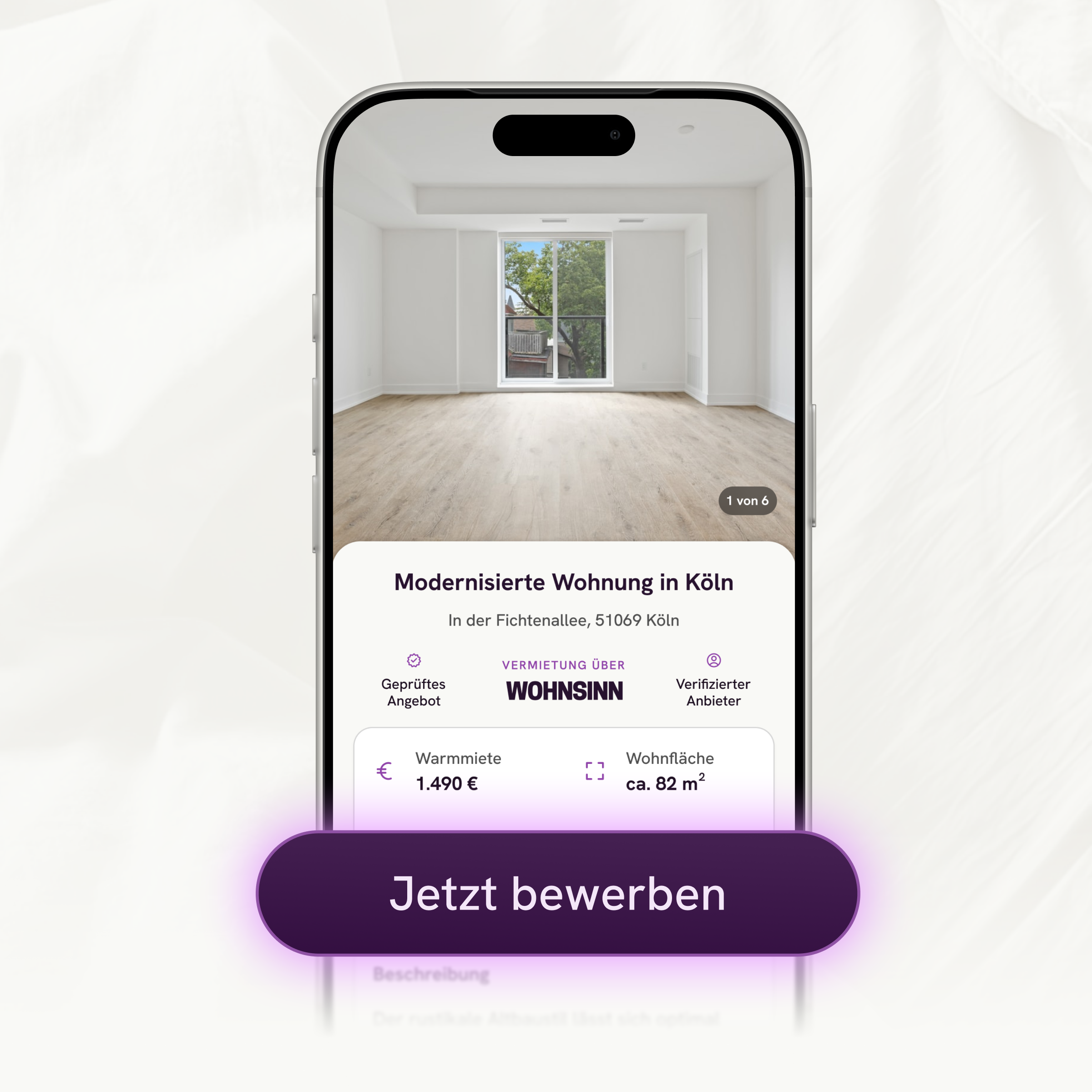 Wohnsinn App mit Wohnungsdetail und Jetzt bewerben Button